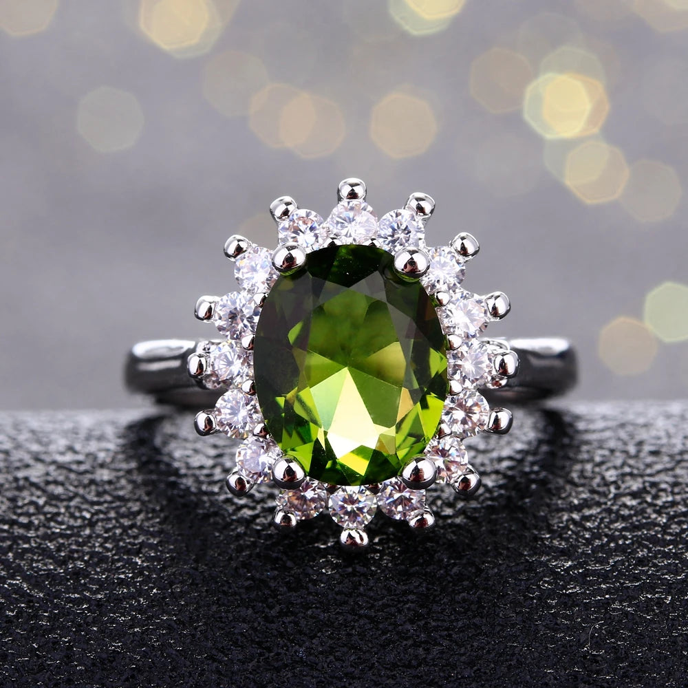 925 Sterling Silver Ring Flower Silver Rings with Peridot Stones Shining Luxury Wedding Engagement Rings for Women Jewelry