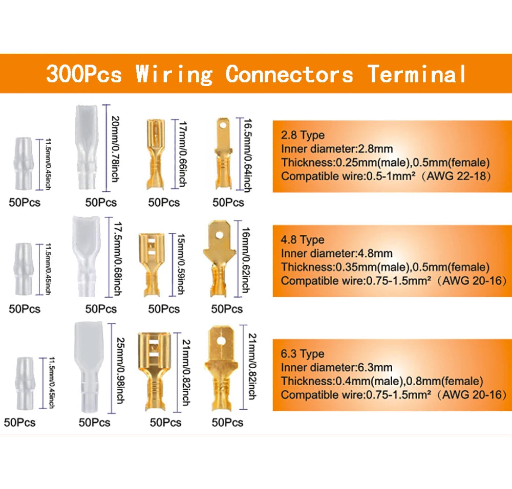 Male Female Wire Box Insulated Cable Macho Connector 2.8/6.3mm Electrical Crimp Terminals Termin Spade Connectors Assorted Kit