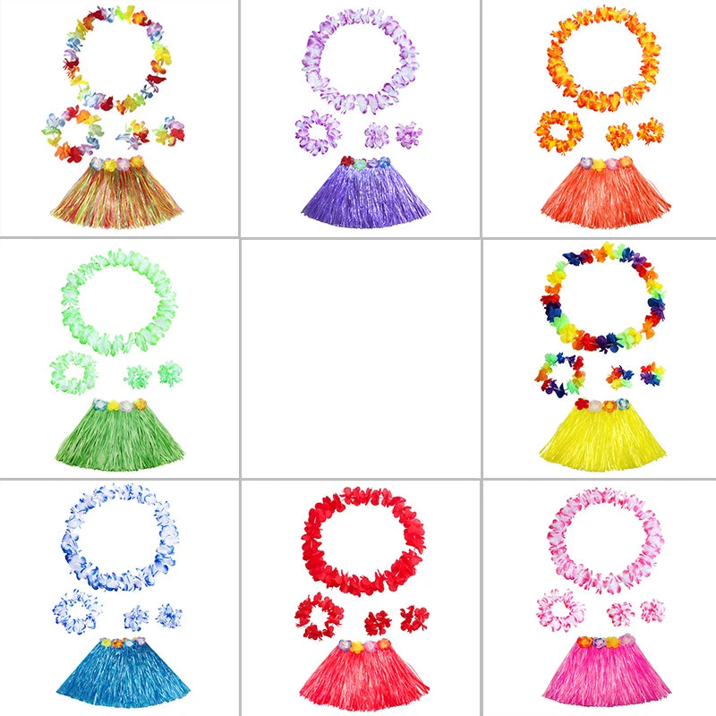 Kids Girls Hawaiian Luau Grass Hula Hawaiian Style Suit Flower Skirt Garland Hula Skirt Dance Party Costume Set Woman Dress Up