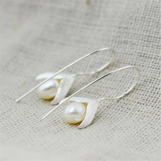 New Fashion Temperament Handmade Flower 925 Sterling Silver Jewelry Ear Hook Natural Drawing Pearl Elegance Earrings E108