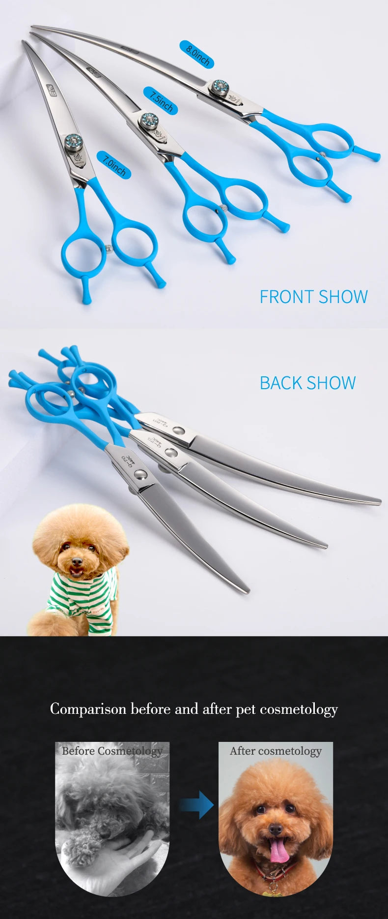 Fenice 7.0 7.5 8.0 Inch Professional Black Grooming Scissors Curved Shear for Teddy/Pomeranian Dogs Pet Grooming Tools JP 440C