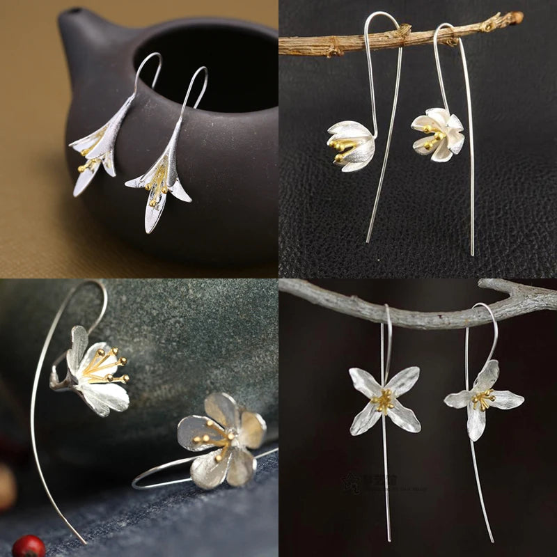 925 sterling silver Long Flower Earrings For Women Elegant Lady Prevent Allergy New Design Fashion Jewelry