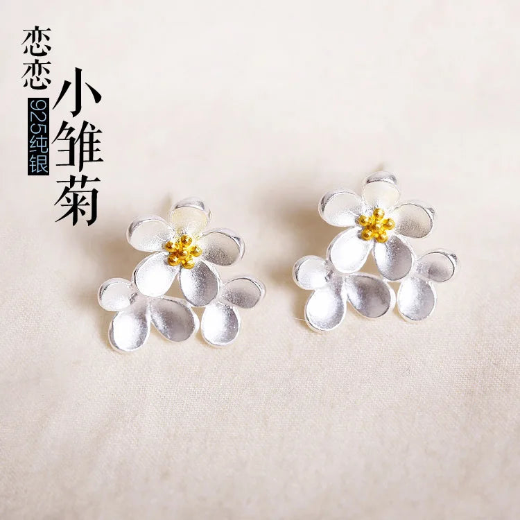 Real 925 Sterling Silver Daisy Flower Earrings for Women Girls Gift Hot Fashion sterling-silver-jewelry Women Earrings