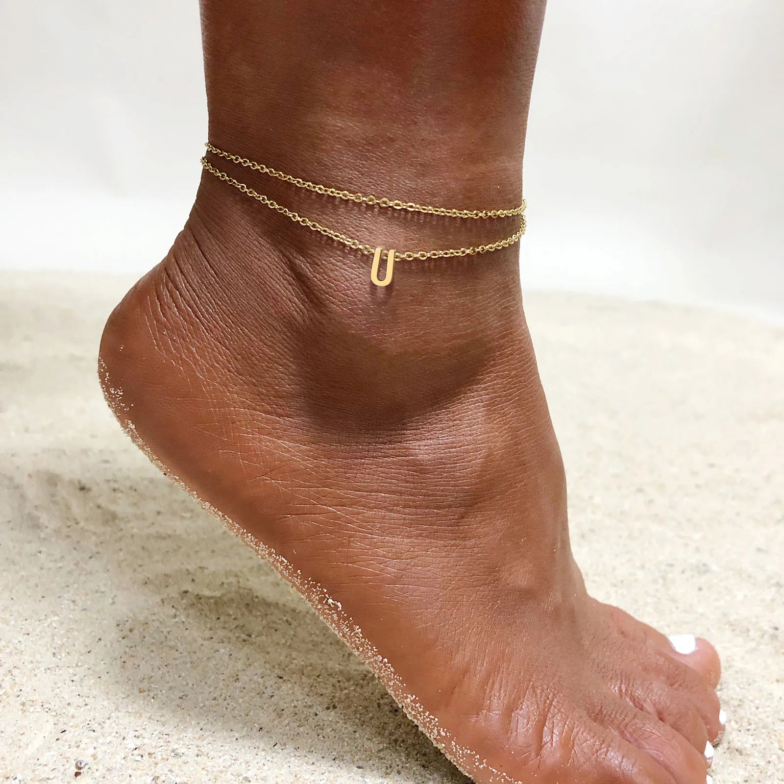 Layered Initial Bracelet Anklet for Women Stainless Steel Foot Chain  A - Z Letter Ankles Bohemian Summer Beach Gift