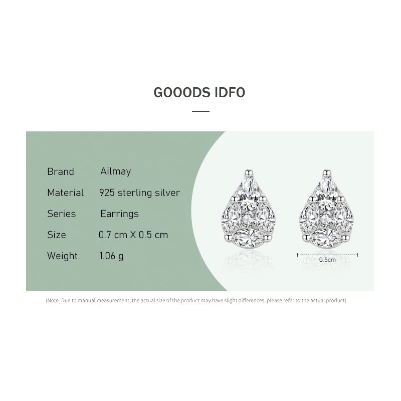 Ailmay New Sale Clear Zircon Water Drop Shape Top Quality Real 925 Sterling Silver Stud Earrings For Fine Female Fashion Jewelry