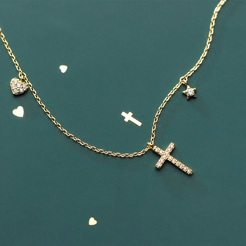 Modian 925 Sterling Silver Star Cross Hearts Pendant Necklace for Women Gold Color Link Chain Necklace Korea Style Fine Jewelry