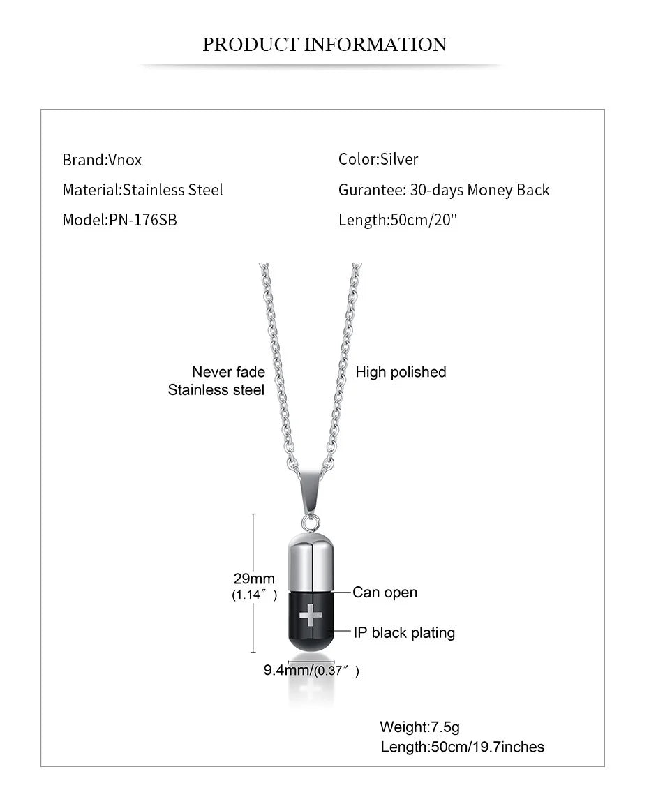 Vnox Hollow Pill Necklace by Bulbusbow – Engraved Cremation Urn Pendant for Men & Women | Memorial Ashes Keepsake, Perfume Holder, Stainless Steel