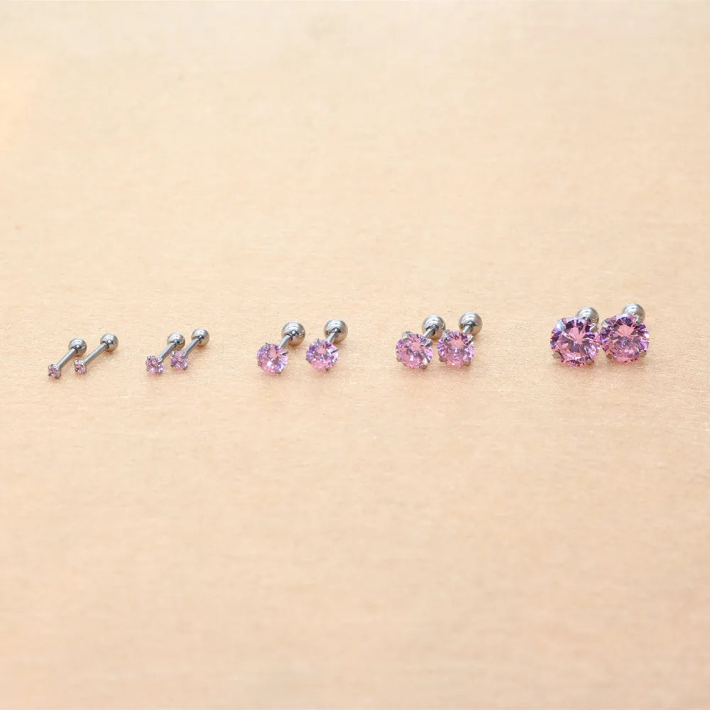 The Screw-back Stud Earrings Pink Zircon The Needl is 1.2*6mm 316L Stainless Steel No Allergy Never Fade