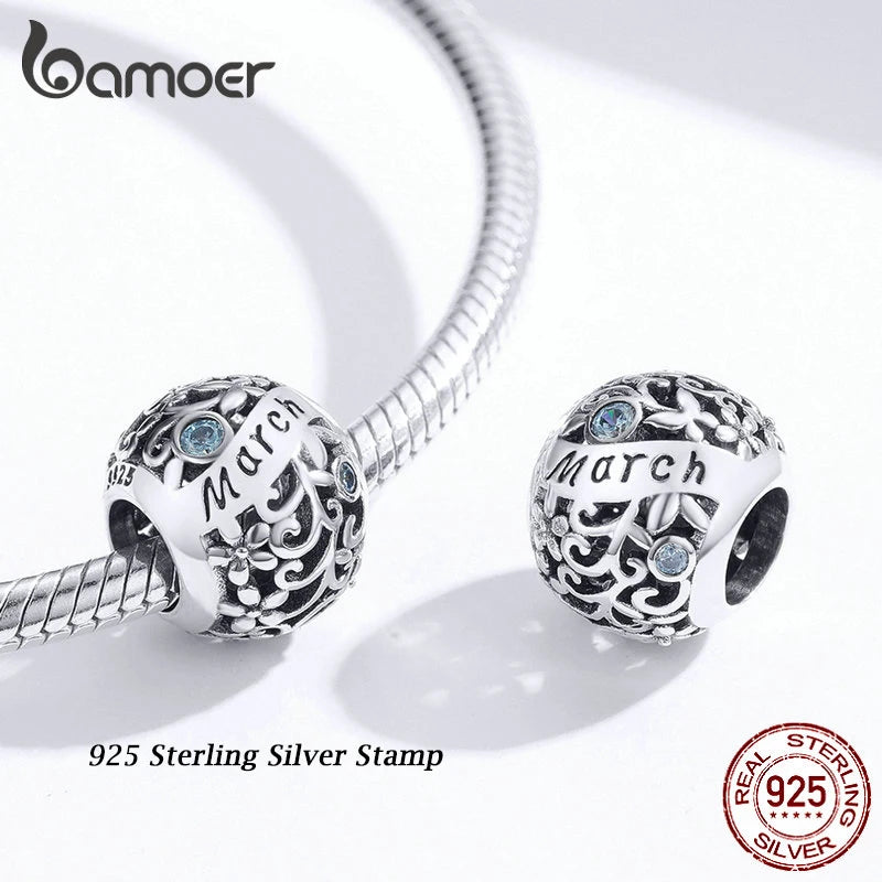 bamoer 925 Sterling Silver Month Birthday Stone Round Beads fit Women Charm Bracelet Bangle DIY Jewlry Making SCC1385