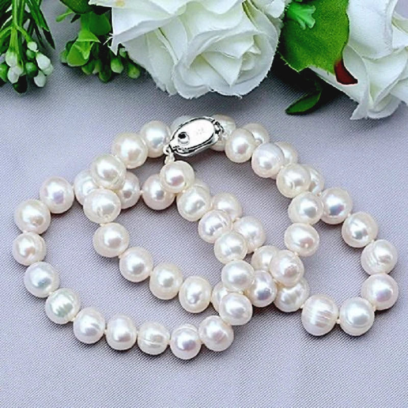 Bulbusbow Natural Pearl Necklace – 9-10mm Freshwater Pearl Jewelry in 925 Sterling Silver for Women | Perfect Engagement Gift | Elegant Classic Choker Necklace