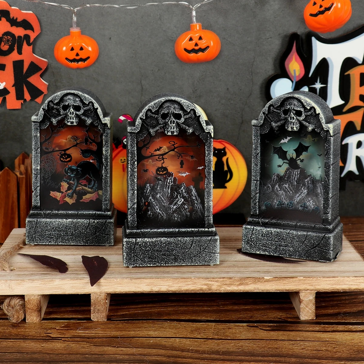 Halloween LED Tombstone Light Glowing Decoration Horror Happy Halloween Party Home Garden Decor Retro Simulation Gravestone Lamp