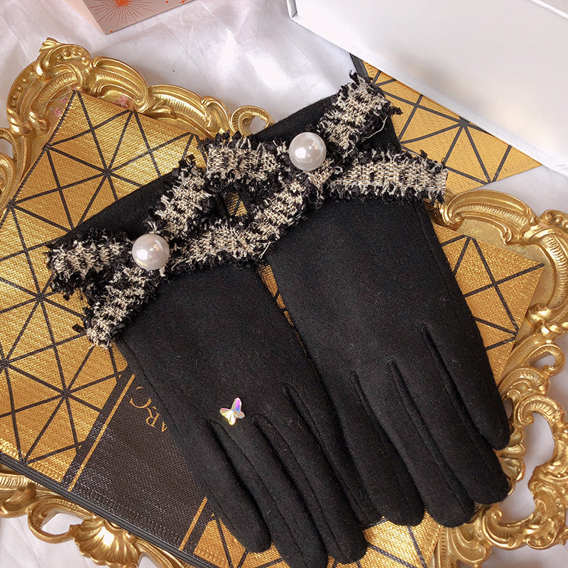 Luxury Winter Women Gloves Thick Plush Wool Black Gloves for Women Pearl Flower Bowknot Mittens for Elegant Lady Gift for Mom