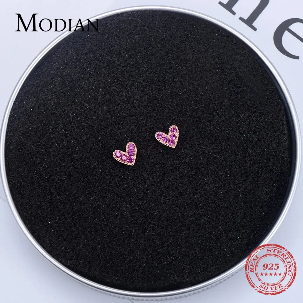 Modian Genuine 925 Sterling Silver Hearts Fashion Rose Gold Color Pink CZ Simple Stud Earrings For Women Sterling Silver Jewelry