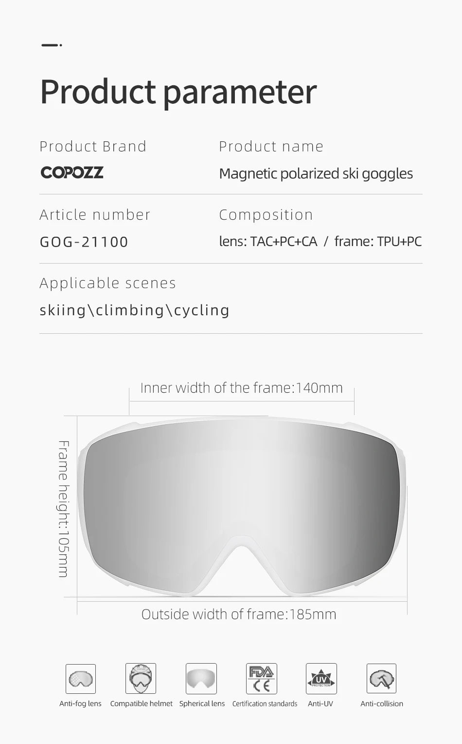 Copozz Magnetic Polarized Ski Goggles Anti-Fog Winter Double-Layers UV400 Protection Men Ski Glasses Eyewear with Lens Case Set