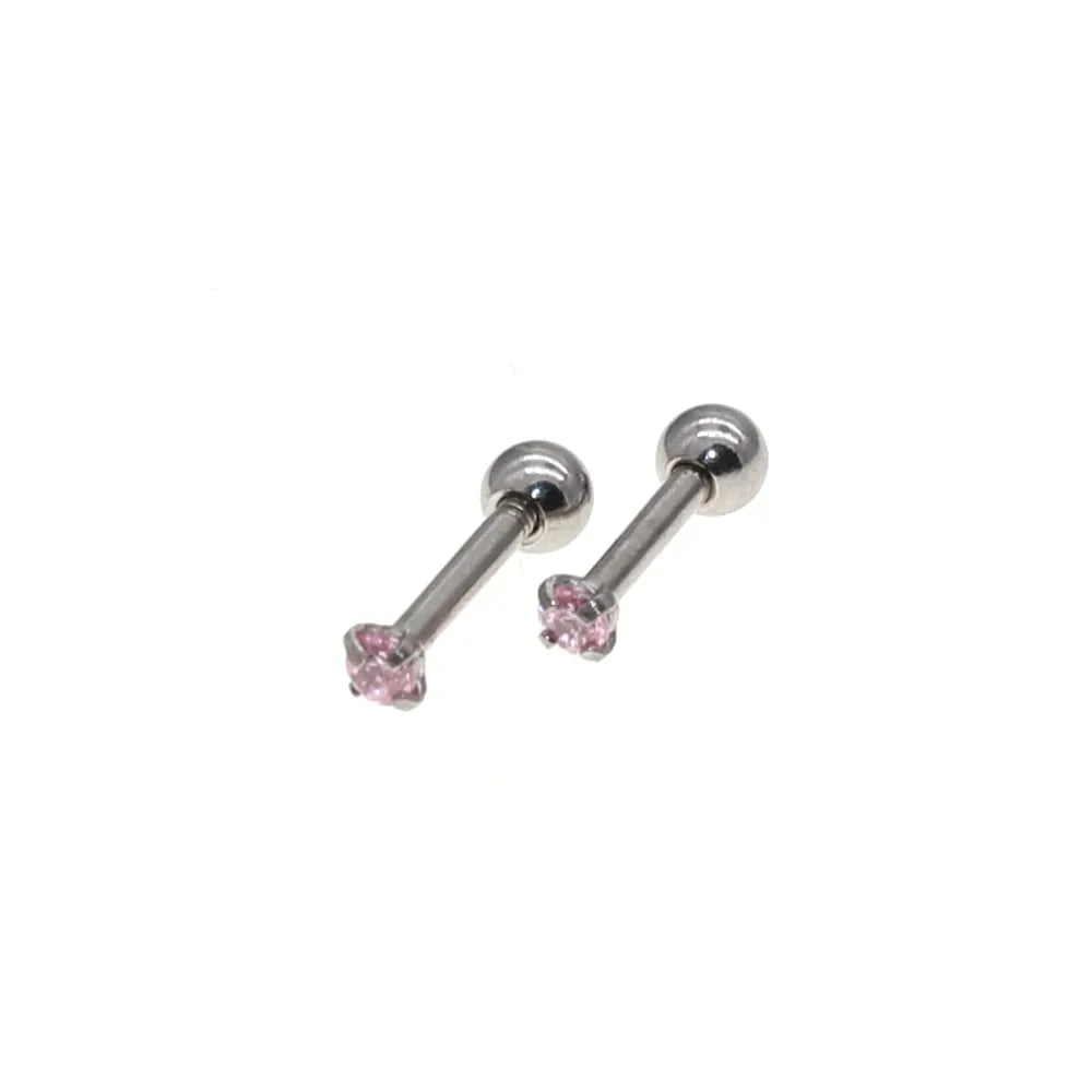 The Screw-back Stud Earrings Pink Zircon The Needl is 1.2*6mm 316L Stainless Steel No Allergy Never Fade