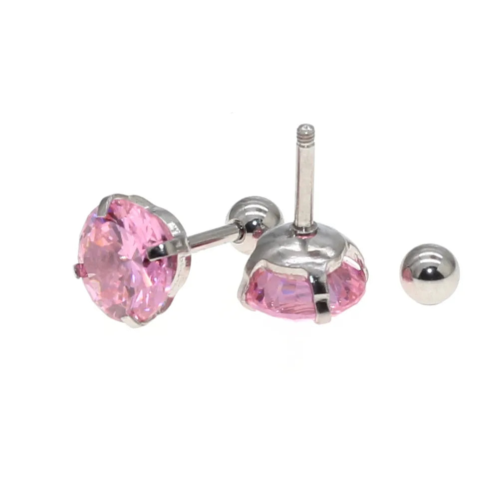 The Screw-back Stud Earrings Pink Zircon The Needl is 1.2*6mm 316L Stainless Steel No Allergy Never Fade