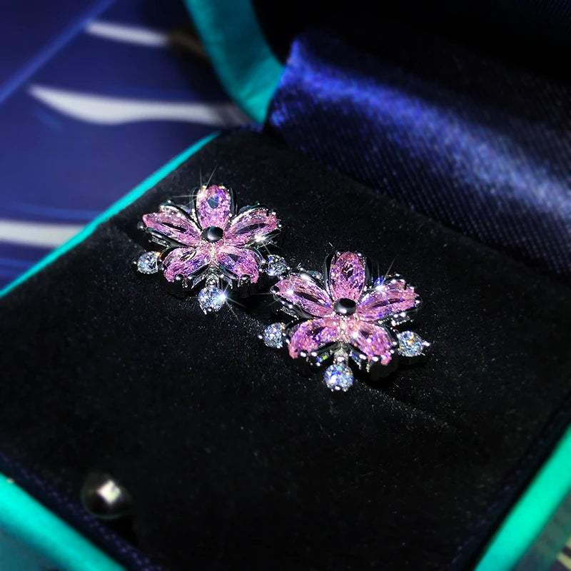 925 Sterling Silver Micro-Inlaid Sweet Temperament Flower Zircon Earrings For Ladies Party Birthday Jewelry Gifts