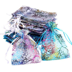 25/50/100pcs/lot Organza Gift Bag Jewelry Packaging Drawstring Bag Multi-size Colorful Trees Printing Party Wedding Candy Bag