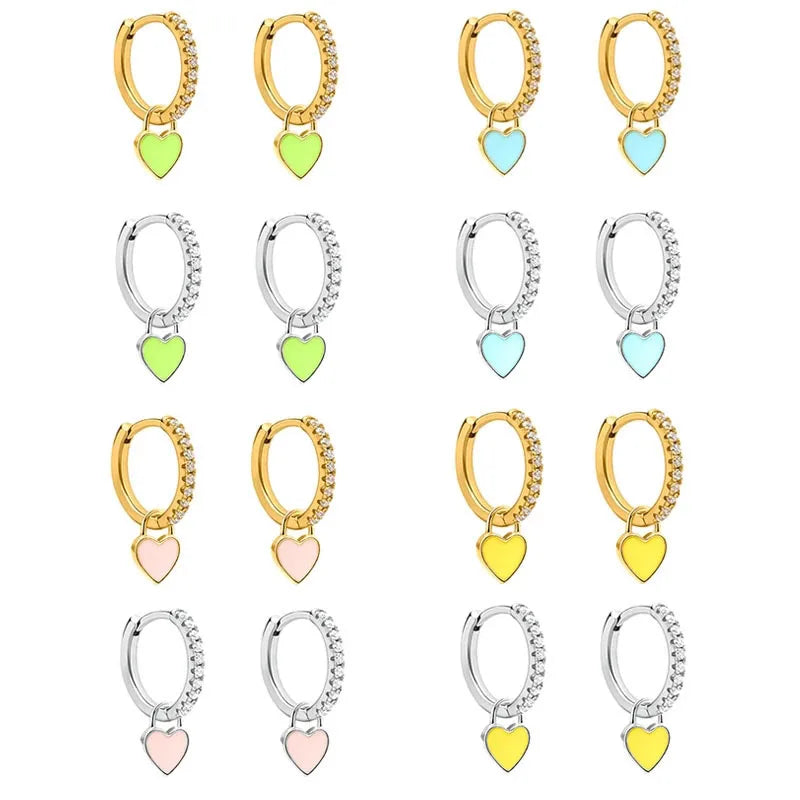 Aide Silver Color Hoop Earrings With Cute Candy Neon Color Enamel Heart Charm Drop Earring Gold Color For Girls Party Jewelry