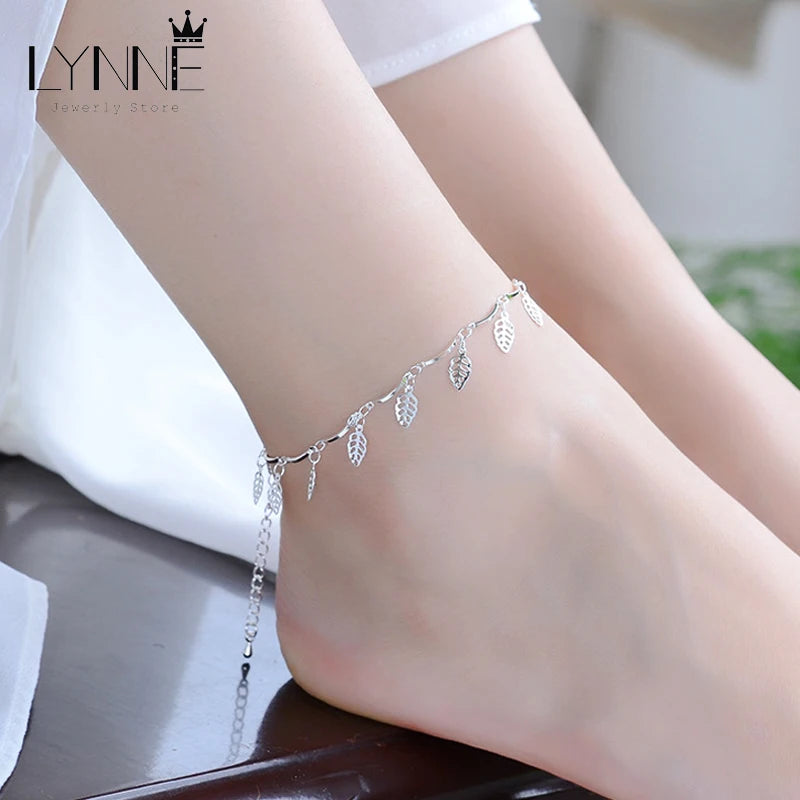 New Fashion Leaves Pendant Anklets Beach Foot Chain 925 Sterling Silver Leaf&Heart Charm Anklet Bracelet For Women Jewelry Gift