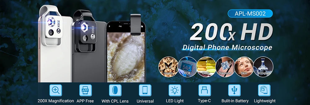 APEXEL 200X magnification microscope lens withCPL mobile LED Light micro pocket macro lenses for iPhone Samsung  all smartphones