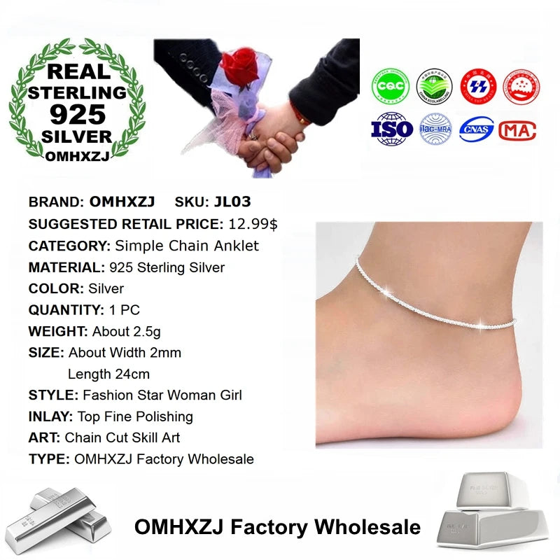 OMHXZJ Wholesale European Fashion Woman Girl Party Birthday Wedding Gift Simple Slim Blank 925 Sterling Silver Chain Anklet JL03