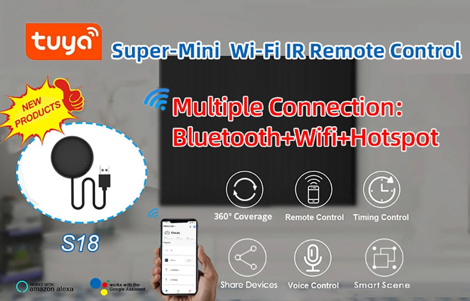 Tuya WiFi 红外遥控器适用于智能家居电视空调，可与 Alexa Google Home Yandex Alice 配合使用