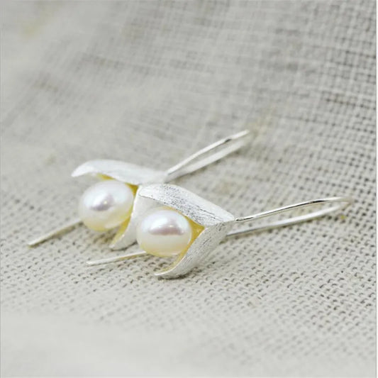 New Fashion Temperament Handmade Flower 925 Sterling Silver Jewelry Ear Hook Natural Drawing Pearl Elegance Earrings E108