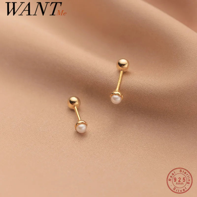 WANTME 925 Sterling Silver Simple Sweet Shell Spiral Beads Small Stud Earrings for Women Fashion Korean Party Piercing Jewelry