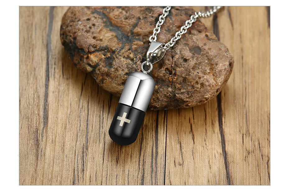 Vnox Hollow Pill Necklace by Bulbusbow – Engraved Cremation Urn Pendant for Men & Women | Memorial Ashes Keepsake, Perfume Holder, Stainless Steel