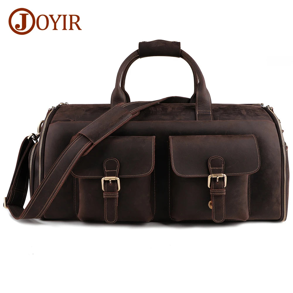 JOYIR Genuine Leather Travel Bag Large Capacity Duffle Shoes Storage Vintage Luggage Cowhide Shoulder Bag Male Weekend Bag