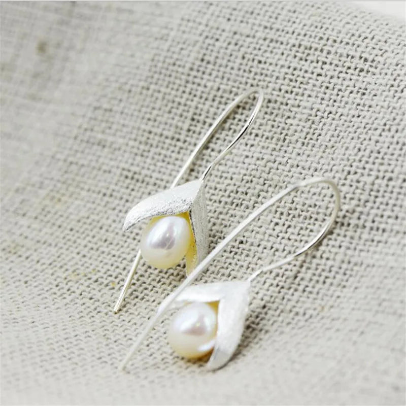 New Fashion Temperament Handmade Flower 925 Sterling Silver Jewelry Ear Hook Natural Drawing Pearl Elegance Earrings E108