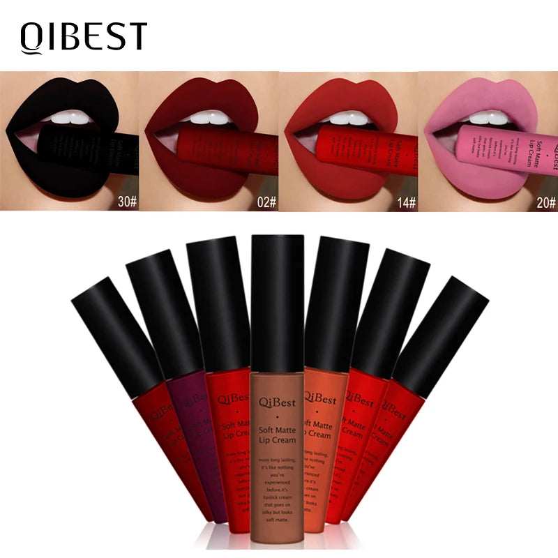 QIBEST Brand 34 Colors Waterproof Matte Nude Lipstick Lipkit Pigment Dark Red Black Long Lasting Lip Gloss Women Makeup Lipgloss