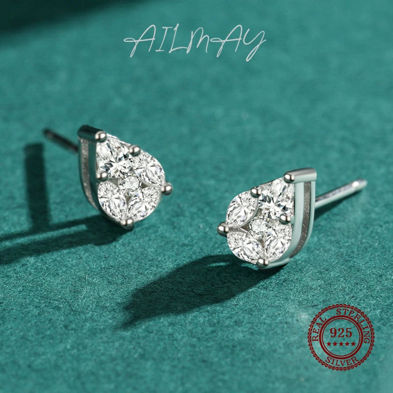 Ailmay New Sale Clear Zircon Water Drop Shape Top Quality Real 925 Sterling Silver Stud Earrings For Fine Female Fashion Jewelry