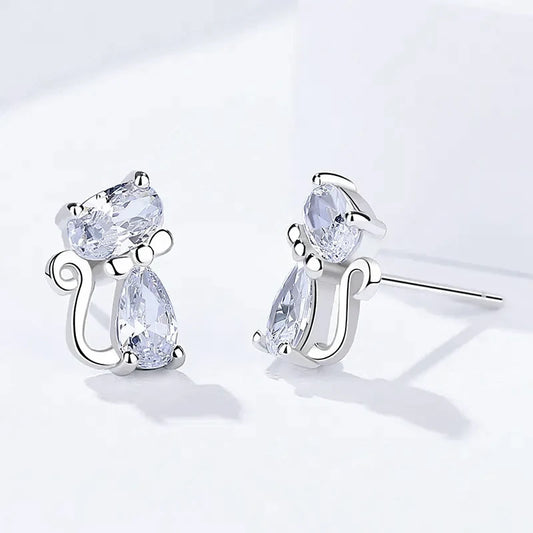 Huitan 925 Sterling Silver Cute Crystal Zircon Cat Stud Earrings for Women Simple Sweet Animals Accessories Daily Party Jewelry