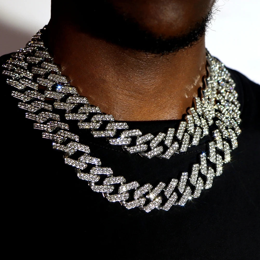 Punk Hip Hop Iced Out Rhinestones Cuban Chain Necklace For Men Women Bling Crystal Prong Cuban Link Choker Necklace Jewelry Gift