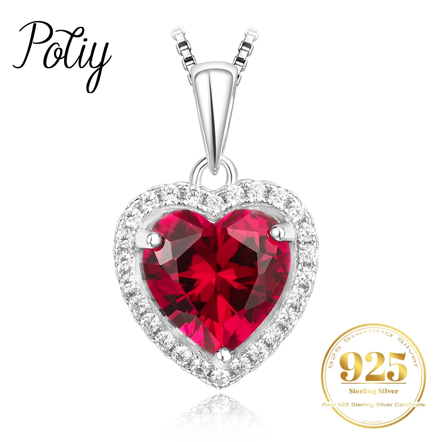 Potiy Heart Shape 3.6ct Created Ruby Pendant Necklace No Chain 925 Sterling Silver for Women Daily Wedding Party Jewelry