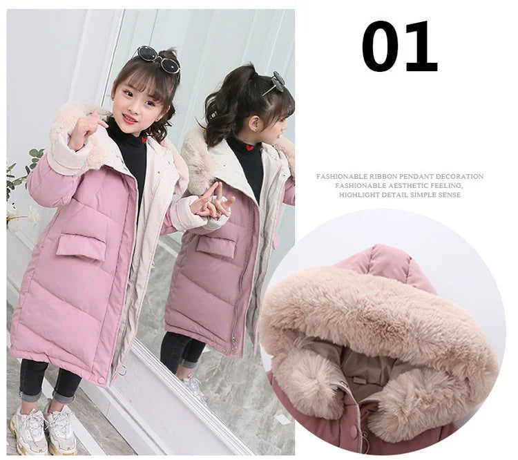 New Girls clothing Winter Warm down Cotton Jackets Children parka faux Fur Collar Coat Girl Thicken overalls Hooded kids Clothes