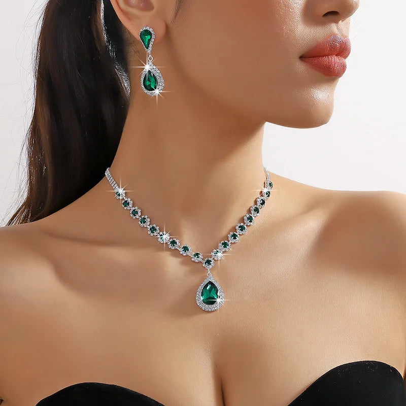 FYUAN Luxury Red Green Blue Crystal Necklace Earrings For Women Water Drop Pendant Wedding Bride Jewelry Sets