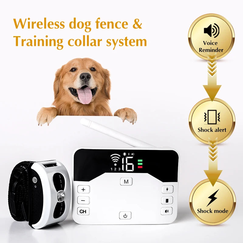 Dog Wireless Electric Fence & Training Collar 2 in 1 Shock Vibration Beep for All Puppy Invisible fence barrier for Pet Safe