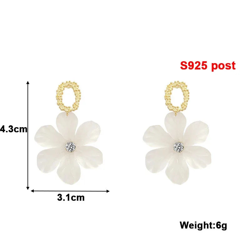 Bulbusbow Translucent White Flower Hanging Earrings – Rhinestone Ball Drop Earrings for Women | Cute Romantic Acrylic Plant Pattern Designs