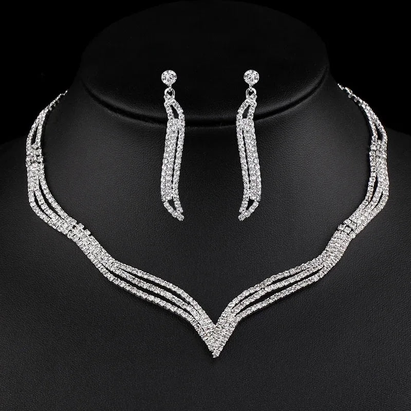 Luxury Crystal Bride Jewelry Set Rhinestone Wedding Dress Banquet Zircon Chain Necklace Dangle Earring Sets Ladies Accessories