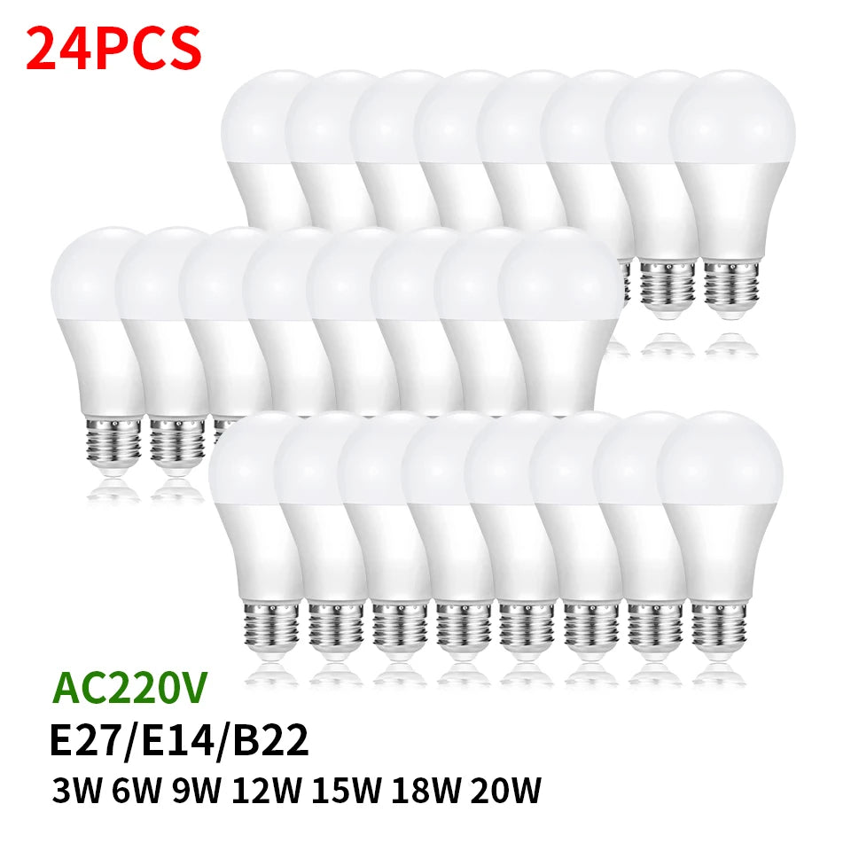 24pcs LED Bulb Lamps E27 E14 B22 AC220V Light Bulb 20W 18W 15W 12W 9W 6W 3W Lampada Living Room Home LED Bombilla