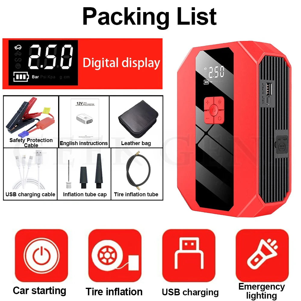 New 1200A 26800mAh Car Jump Starter 4 In 1 Pump Air Compressor Starting Device Power Bank 12V Digital Tire Inflator 150PSI