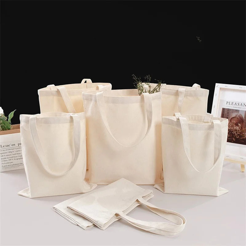 Large Capacity Canvas Shoulder Handbag Folding Eco-Friendly Cotton Tote Bags Reusable DIY Shoulder Bag Grocery Bag Beige White