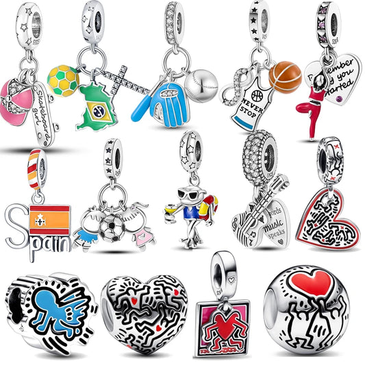 925 Silver Skateboard Football Baseball Basketball Guitar Pendant Fine Beads Fit Original Pandora Charms Bracelet DIY Jewelry