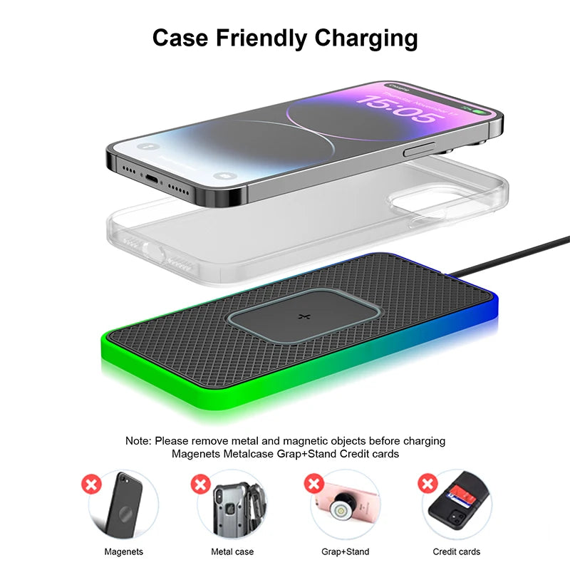 Car Wireless Charger 15W Fast Charging Pad Anti-skid Mat Holder with LED Atmosphere Light for iPhone 13 14 Samsung S22 S21