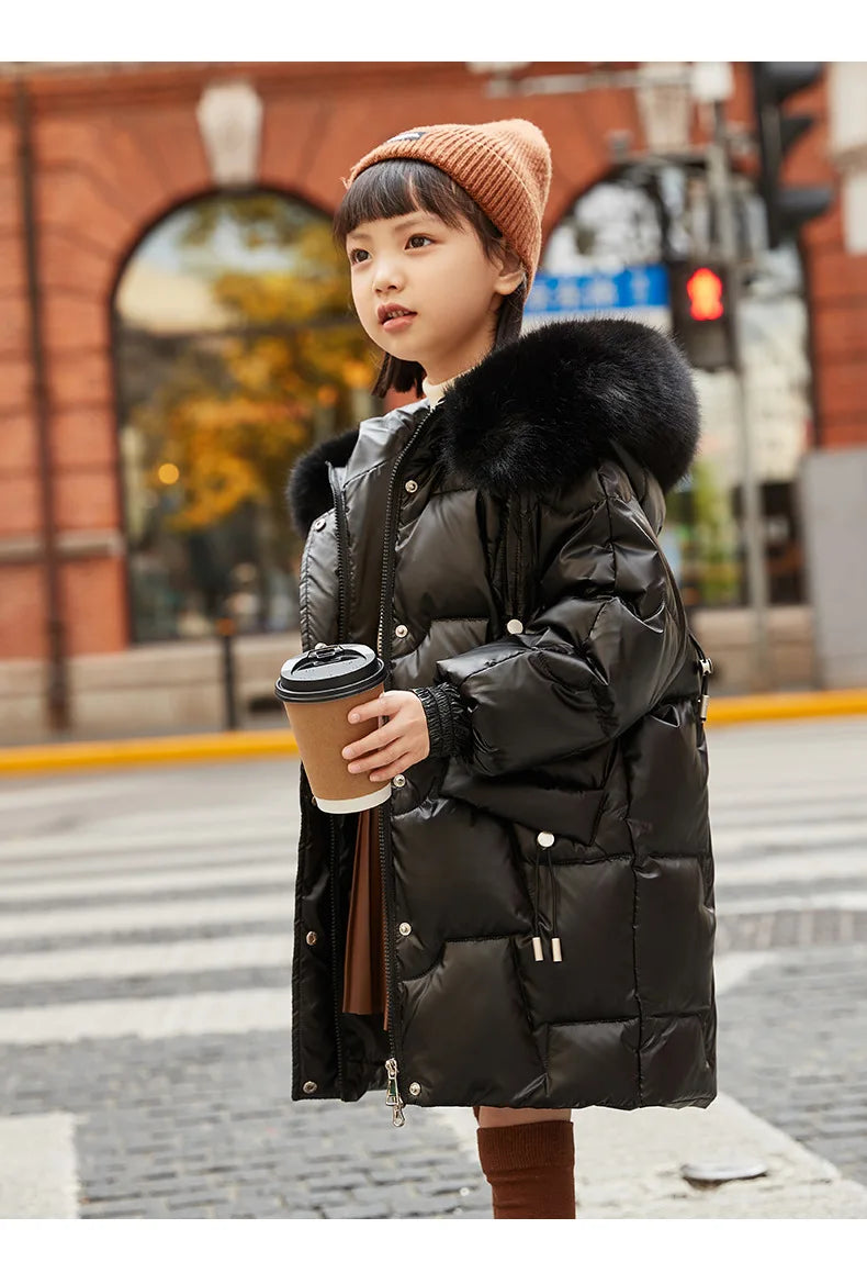 2024 Girl Winter Down Jacket Faux Fur Waterproof Hooded Long Girl Winter Outerwear Coat 5-16 Years Teenage Girl Parka Snowwear