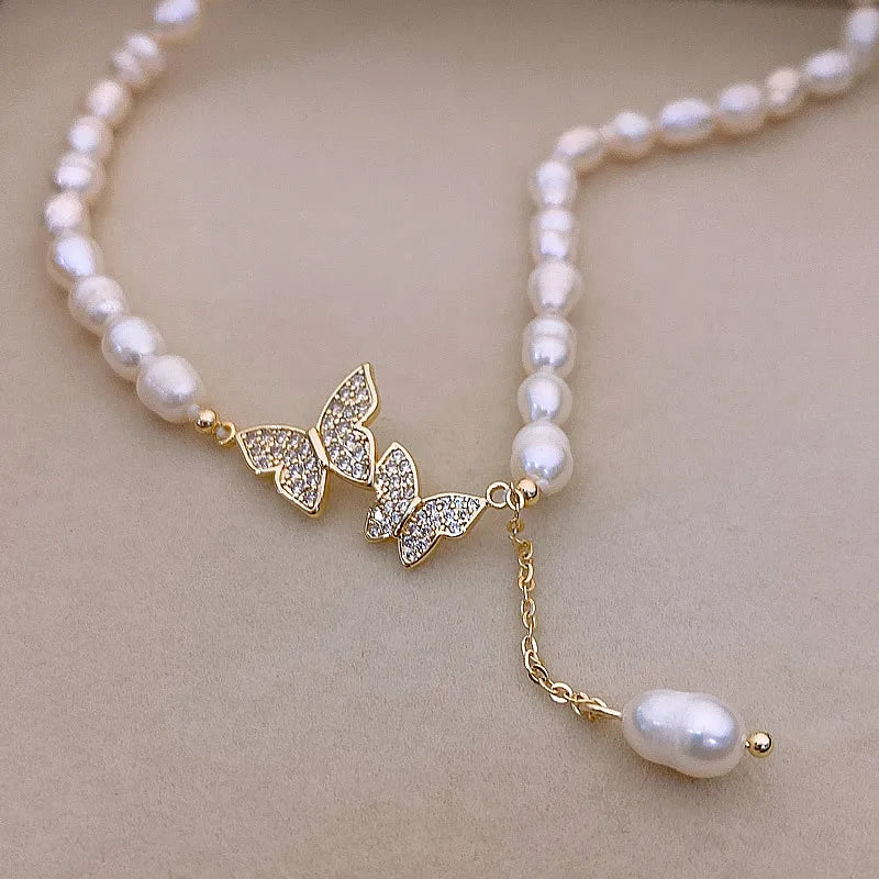 100% Natural Freshwater Pearl Sweet Butterfly Shiny CZ Zircon 14K Gold Filled Female Necklace Jewelry For Women Short Chains