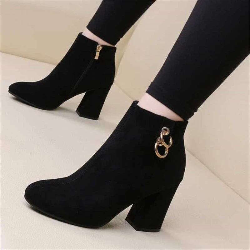 Retro Plush Warm Autumn Winter Women's Boot Vintage Block Heel Ankle Boots Zipper High Heels Women Shoes Big Sizes 43